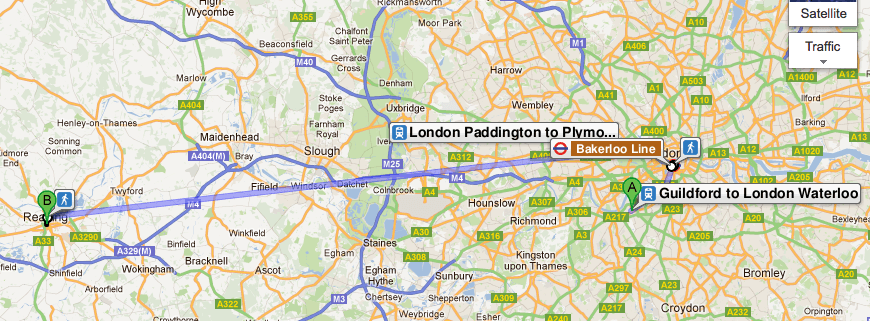 map of train from Clapham to Reading