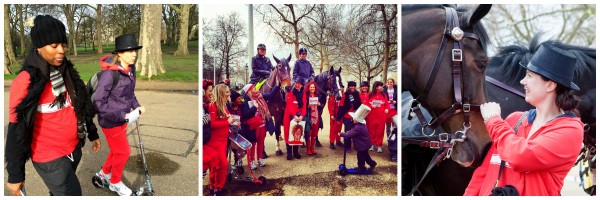 Scooting in Green Park, mounted policemen lend their support, as do the horses (Far right pic: Boggio Studios)