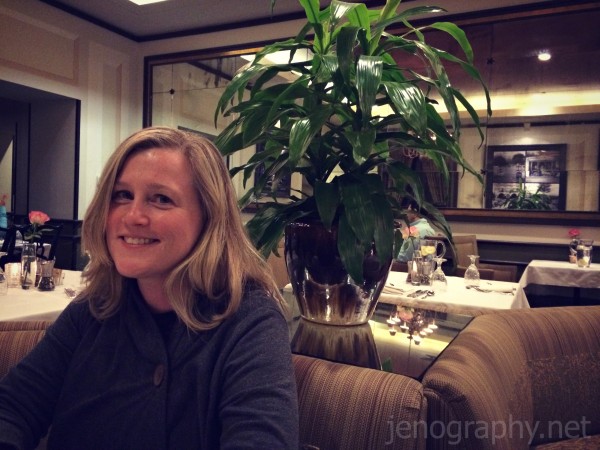 Potted plants -- check. Dark fabrics -- check. Chandeliers -- check. You're in the dining room