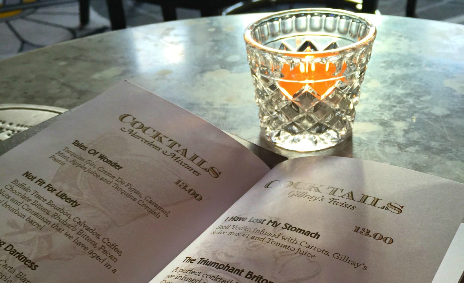 cocktail menu at Gillray's