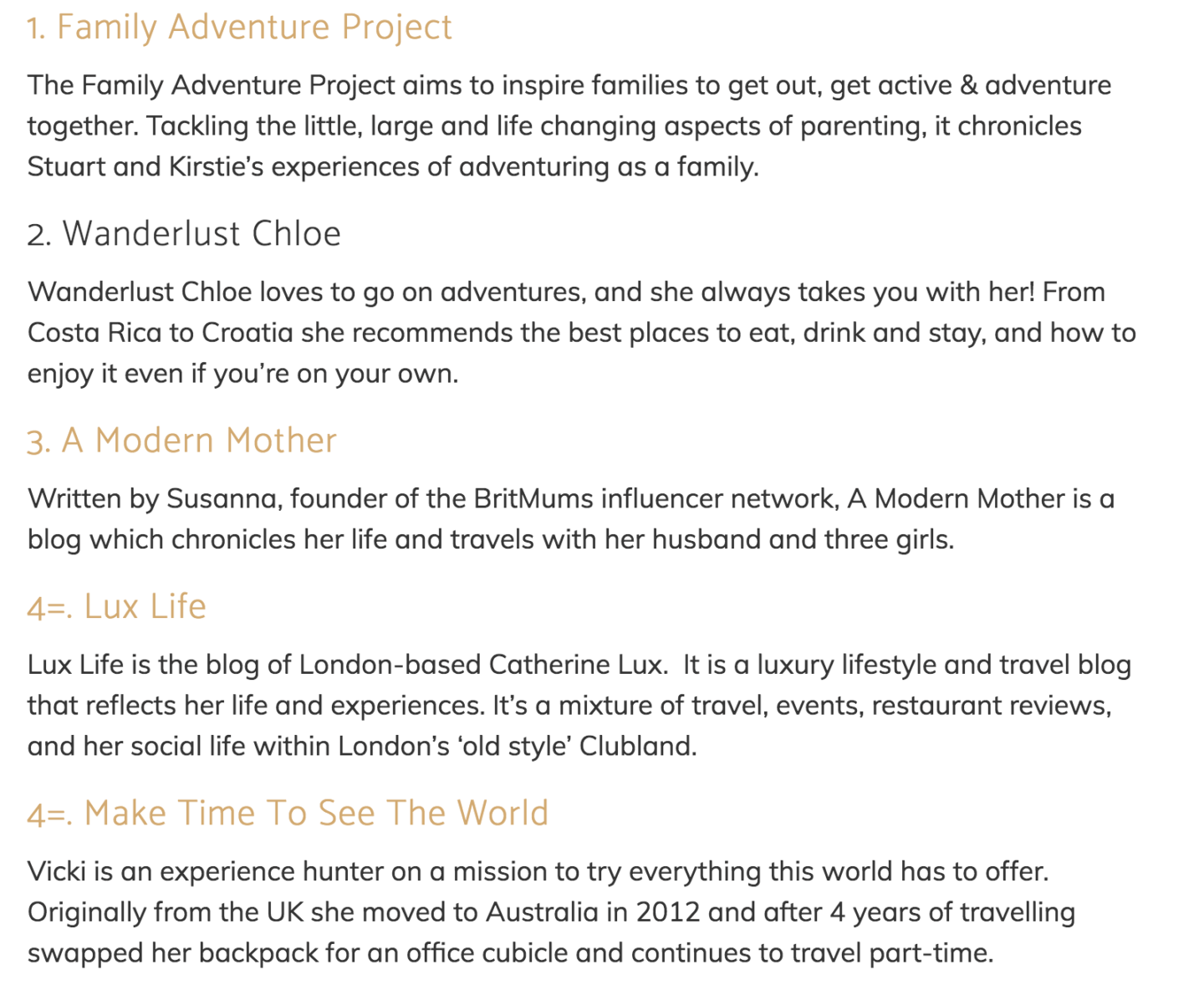 screenshot of top family travel blogs list